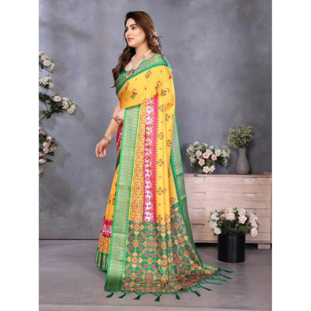 Seduva Women's Cotton Silk  Printed Saree With Unstitched Blouse 5.5Mtr (Yellow)