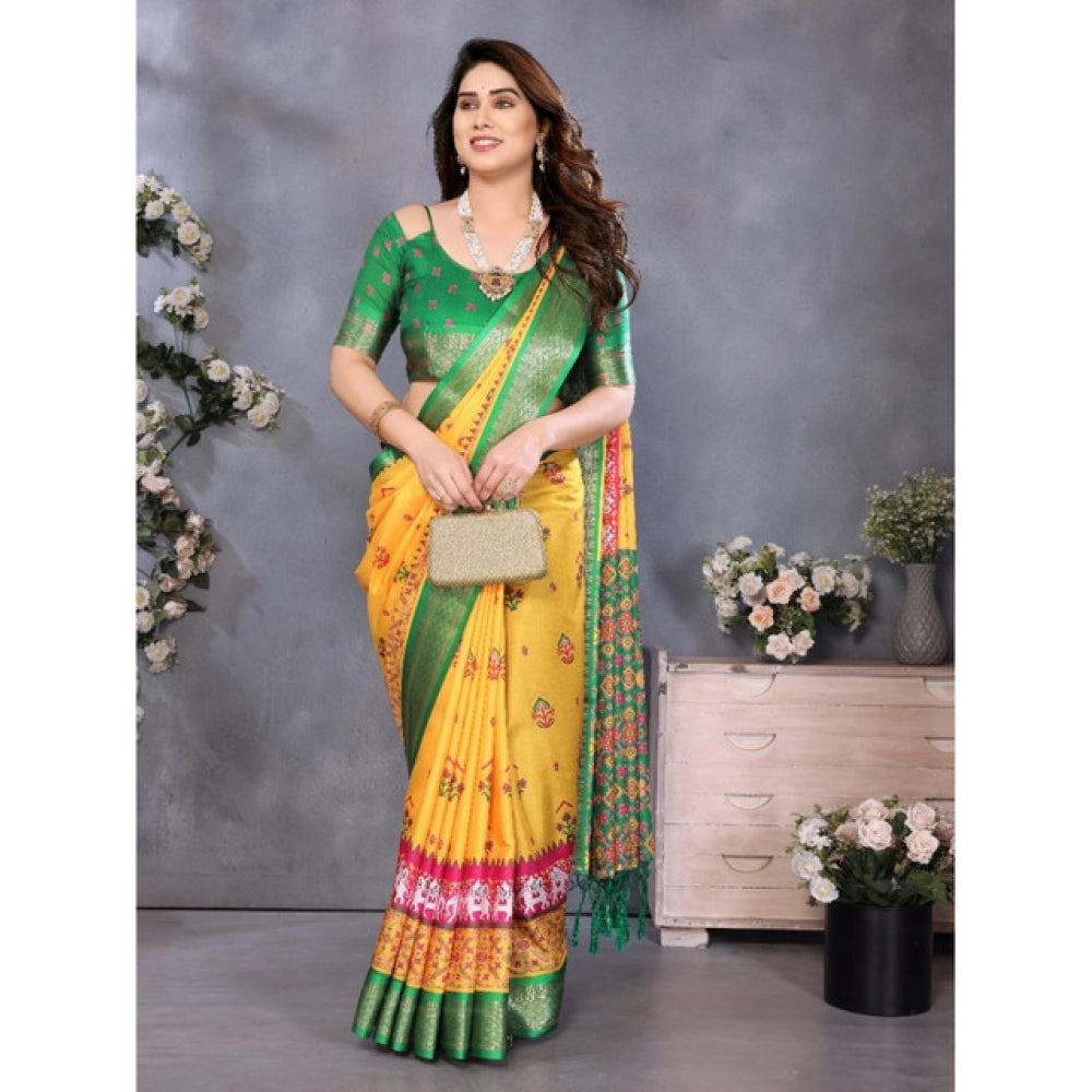 Seduva Women's Cotton Silk  Printed Saree With Unstitched Blouse 5.5Mtr (Yellow)