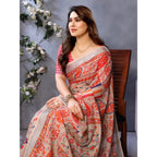 Seduva Women's Linen Cotton  Printed Saree With Unstitched Blouse 5.5Mtr (Orange )