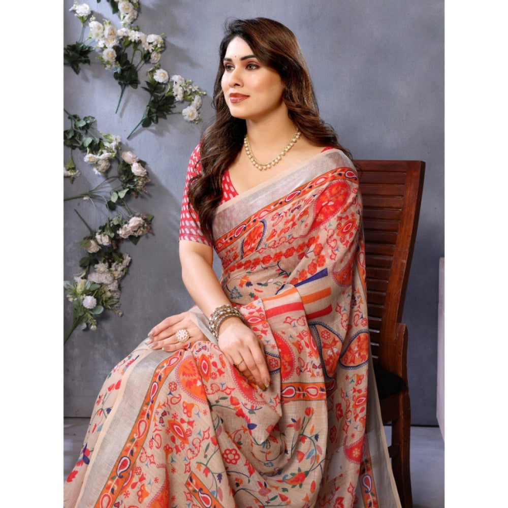 Seduva Women's Linen Cotton  Printed Saree With Unstitched Blouse 5.5Mtr (Orange )