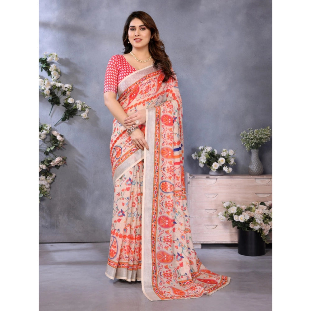 Seduva Women's Linen Cotton  Printed Saree With Unstitched Blouse 5.5Mtr (Orange )