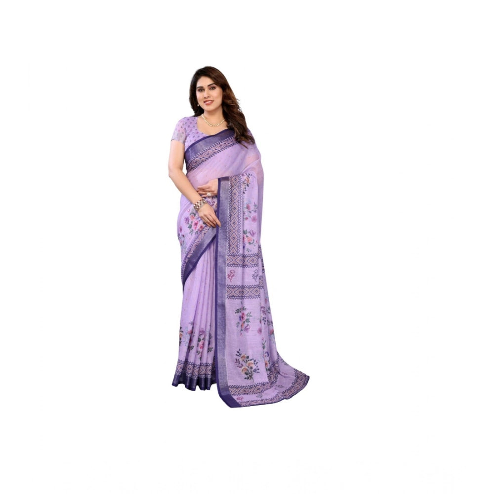 Seduva Women's Linen Cotton  Printed Saree With Unstitched Blouse 5.5Mtr (Purple)
