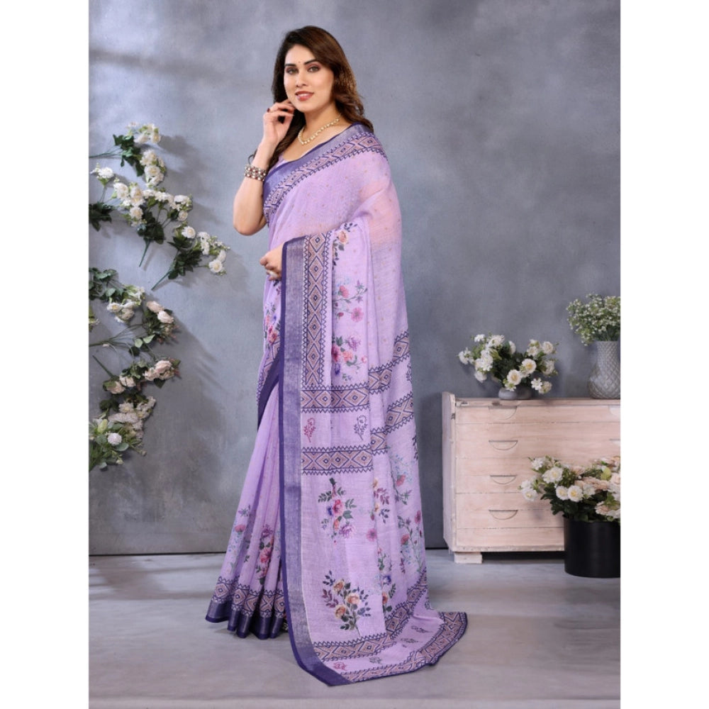 Seduva Women's Linen Cotton  Printed Saree With Unstitched Blouse 5.5Mtr (Purple)