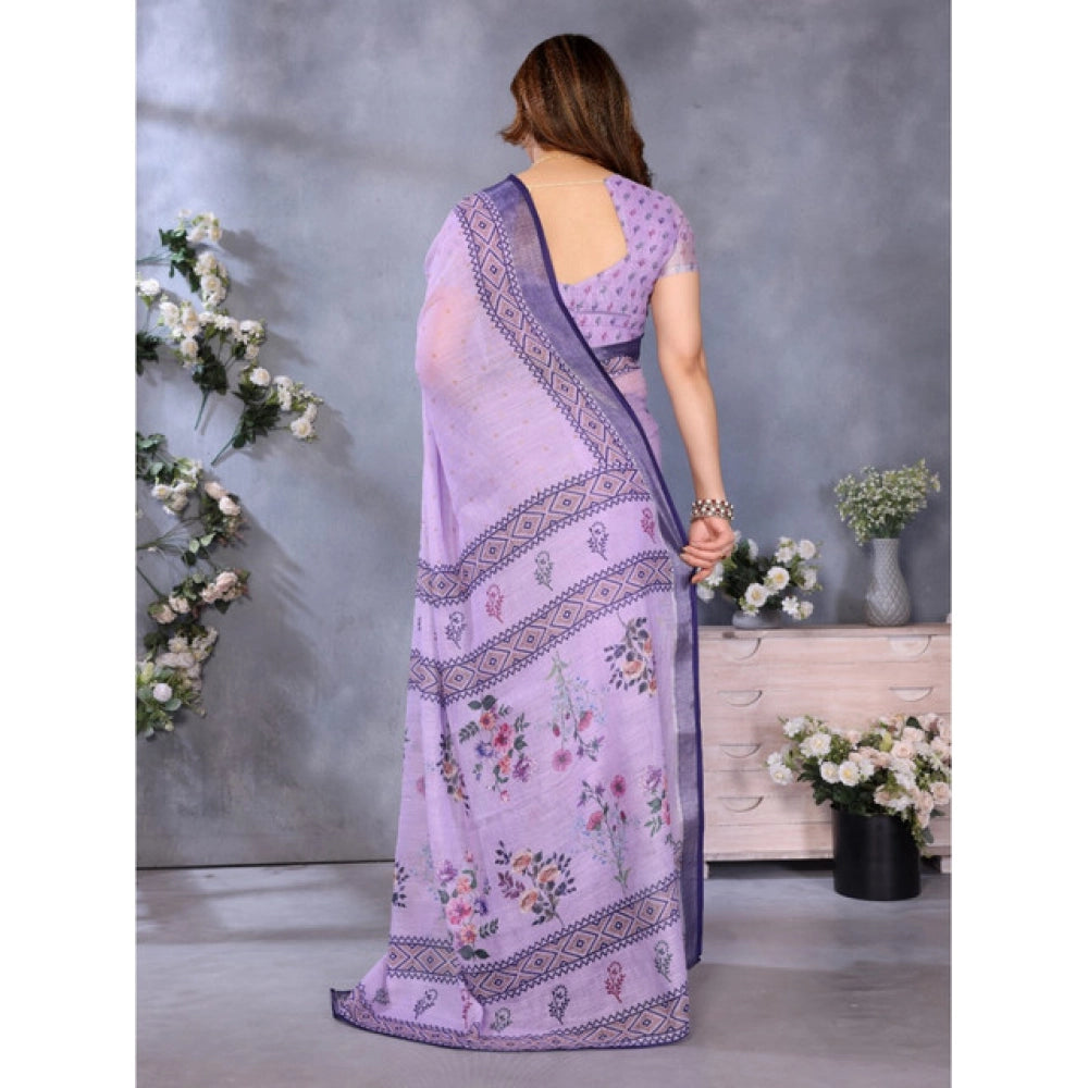 Seduva Women's Linen Cotton  Printed Saree With Unstitched Blouse 5.5Mtr (Purple)