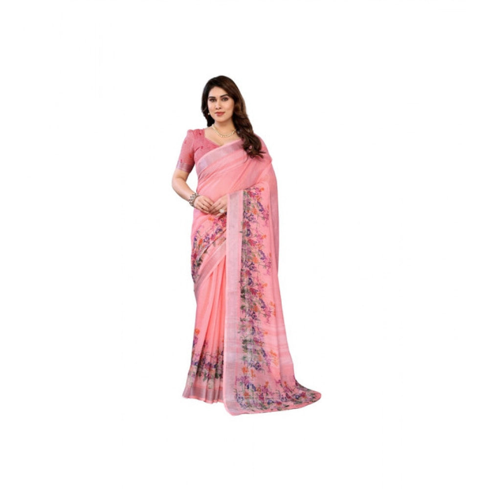 Seduva Women's Linen Cotton  Printed Saree With Unstitched Blouse 5.5Mtr (Peach)