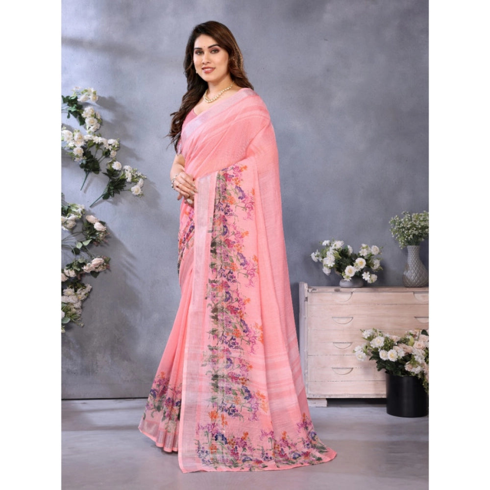 Seduva Women's Linen Cotton  Printed Saree With Unstitched Blouse 5.5Mtr (Peach)