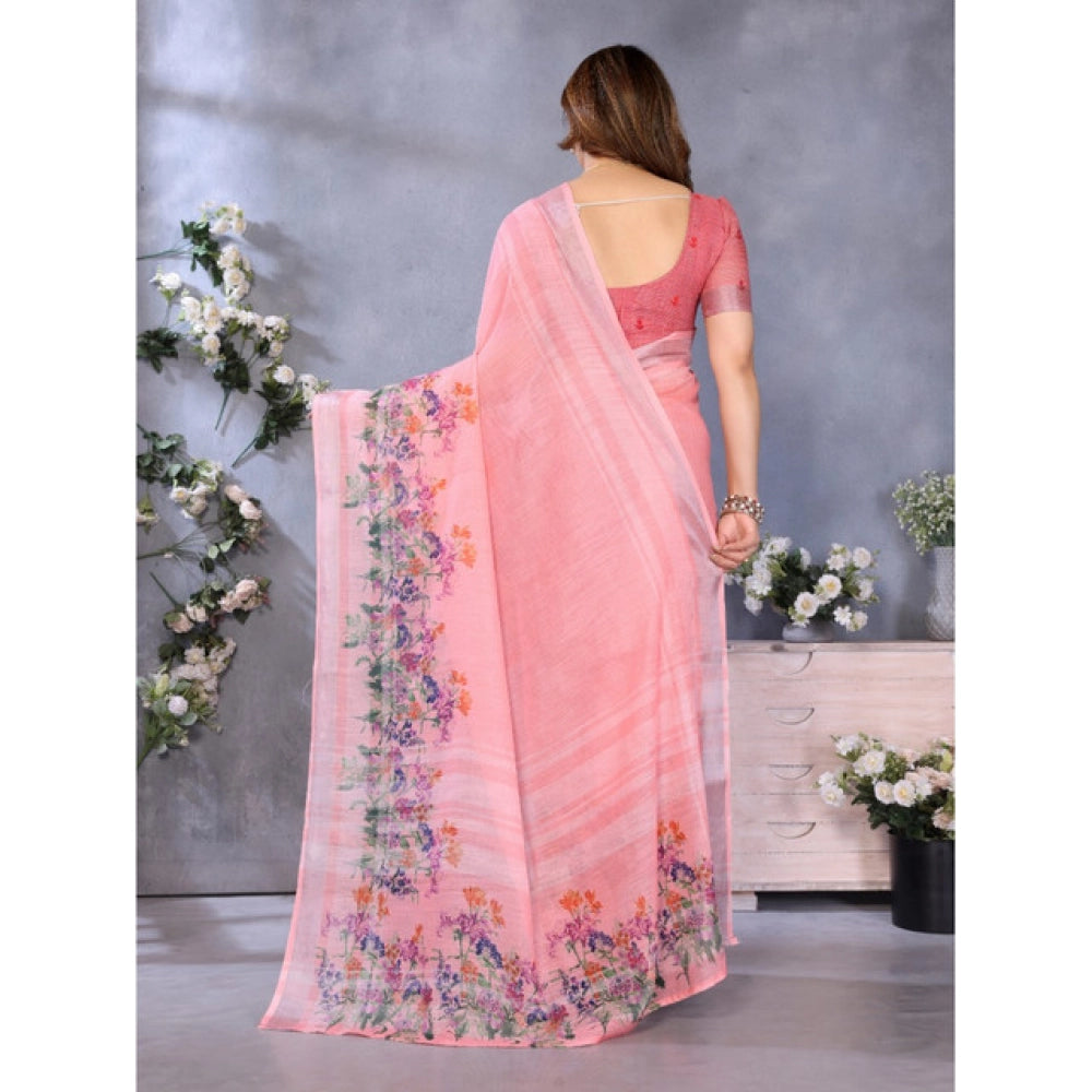 Seduva Women's Linen Cotton  Printed Saree With Unstitched Blouse 5.5Mtr (Peach)