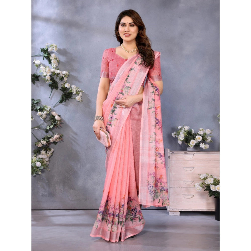 Seduva Women's Linen Cotton  Printed Saree With Unstitched Blouse 5.5Mtr (Peach)