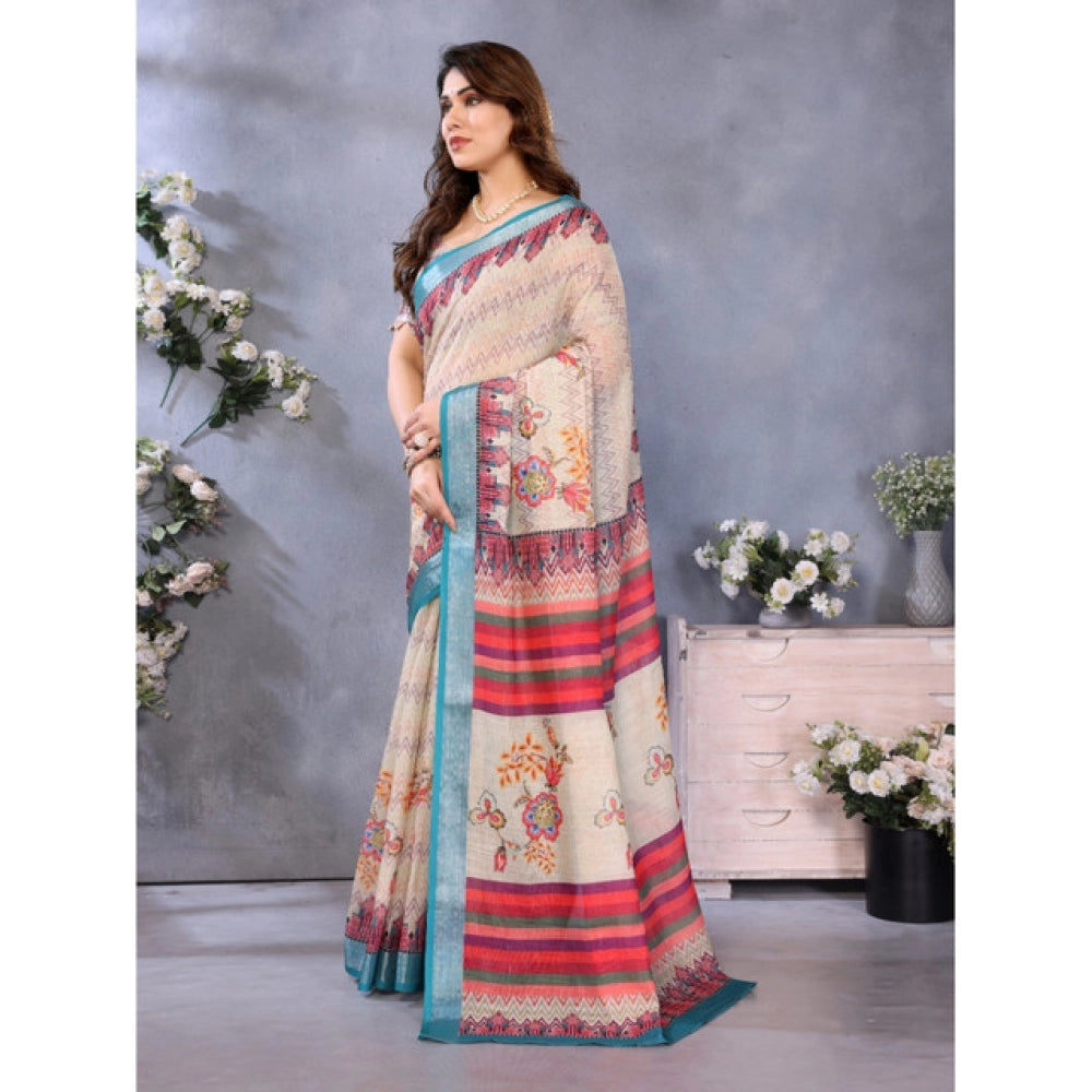 Seduva Women's Linen Cotton  Printed Saree With Unstitched Blouse 5.5Mtr (Cream)