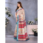 Seduva Women's Linen Cotton  Printed Saree With Unstitched Blouse 5.5Mtr (Cream)
