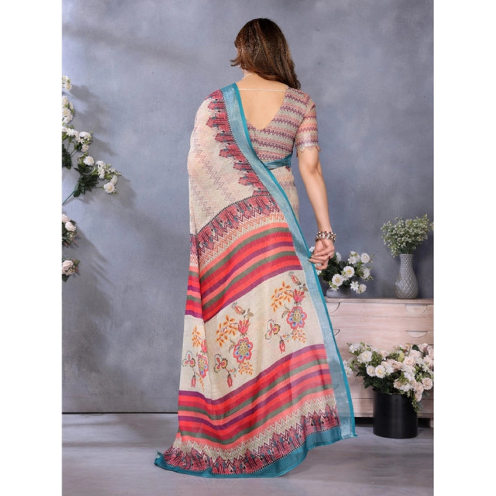 Seduva Women's Linen Cotton  Printed Saree With Unstitched Blouse 5.5Mtr (Cream)