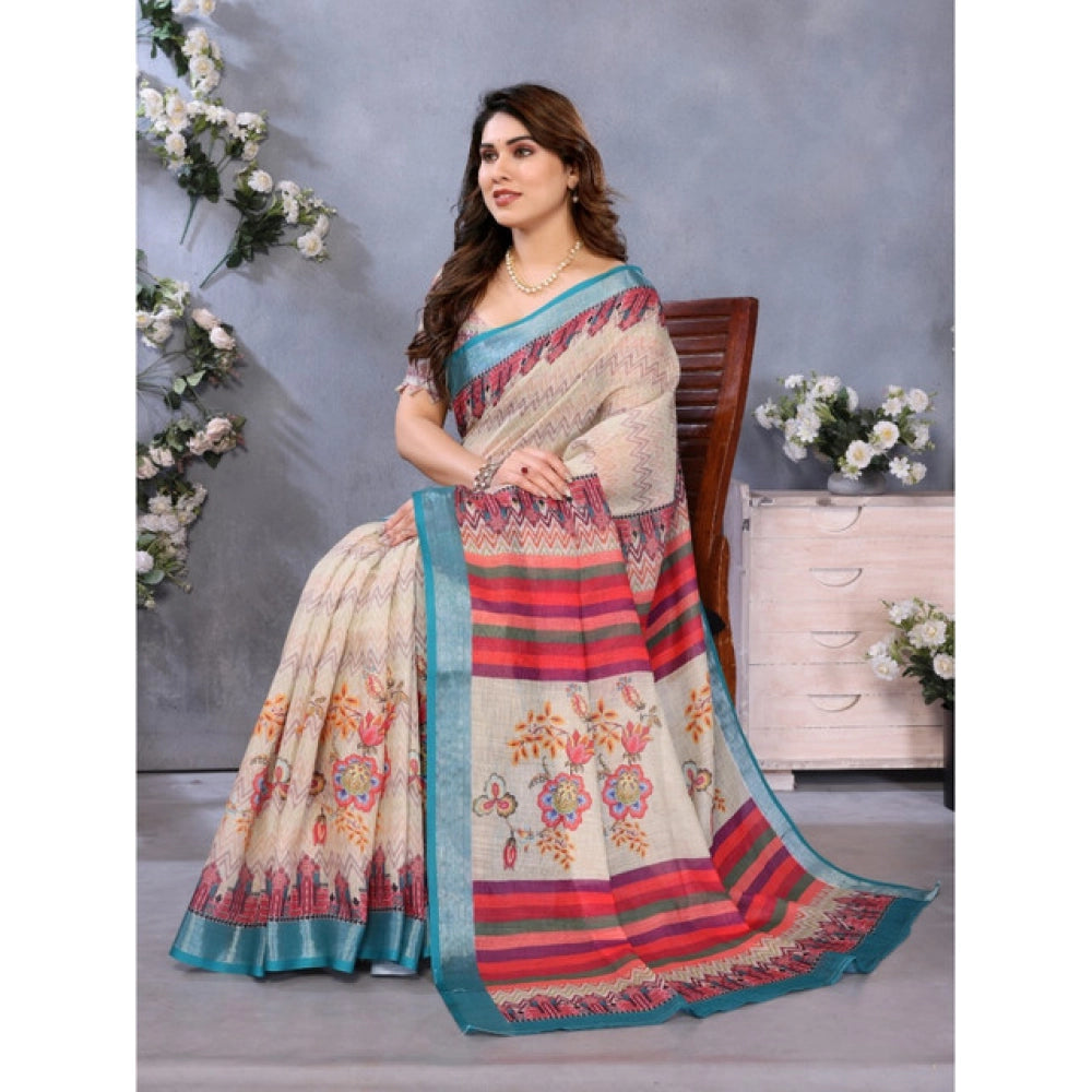 Seduva Women's Linen Cotton  Printed Saree With Unstitched Blouse 5.5Mtr (Cream)