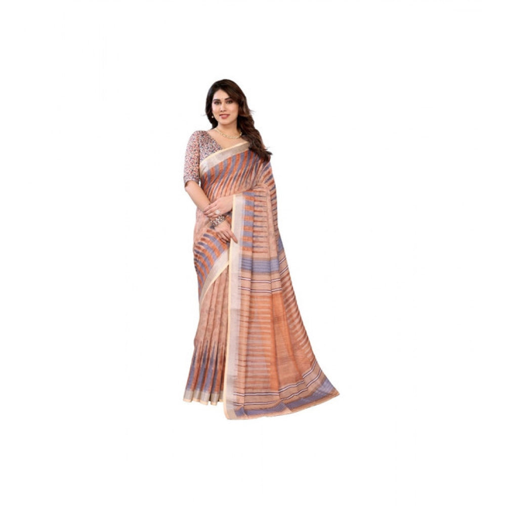 Seduva Women's Linen Cotton  Printed Saree With Unstitched Blouse 5.5Mtr (Brown)
