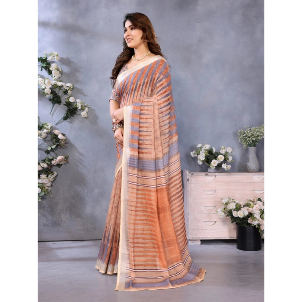 Seduva Women's Linen Cotton  Printed Saree With Unstitched Blouse 5.5Mtr (Brown)