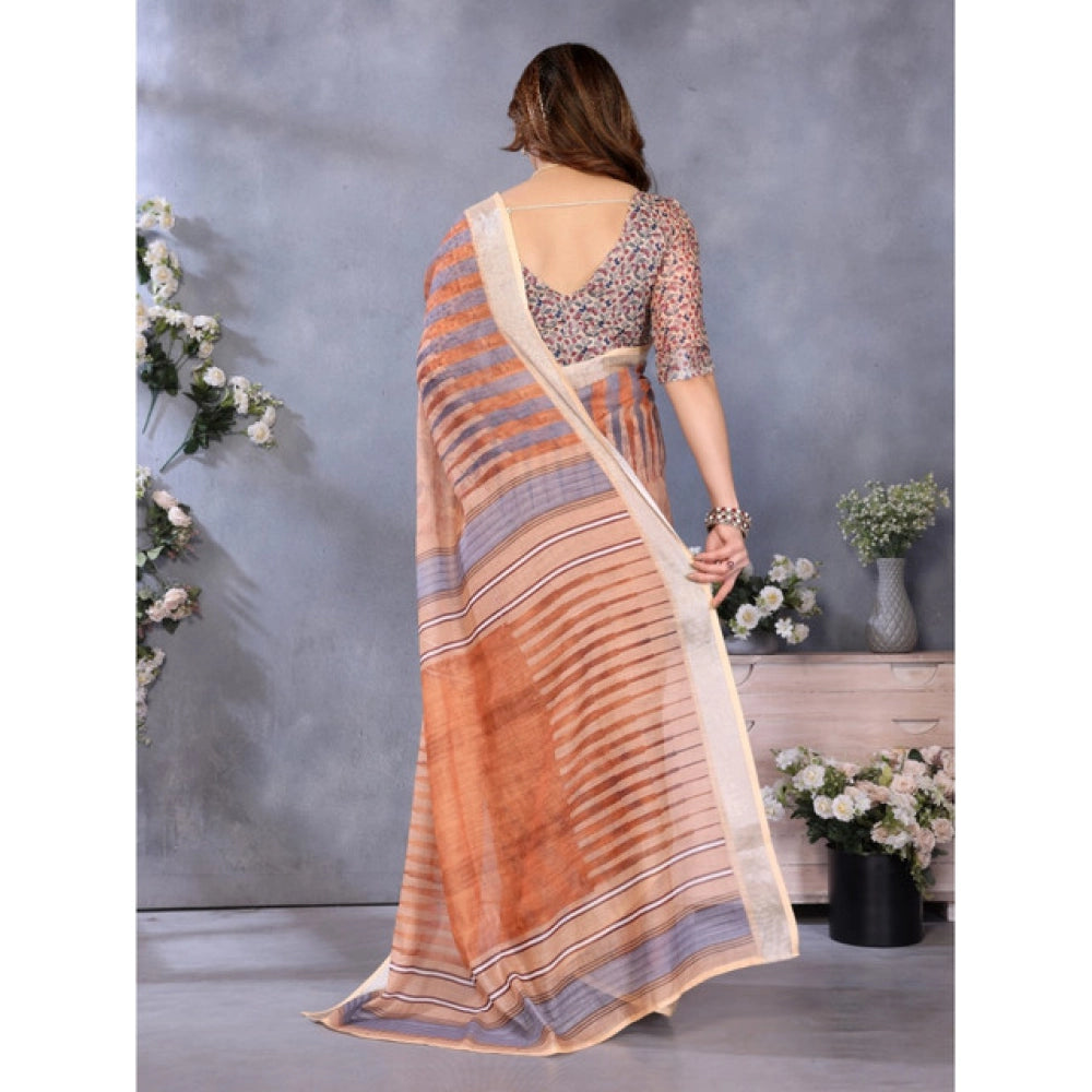 Seduva Women's Linen Cotton  Printed Saree With Unstitched Blouse 5.5Mtr (Brown)