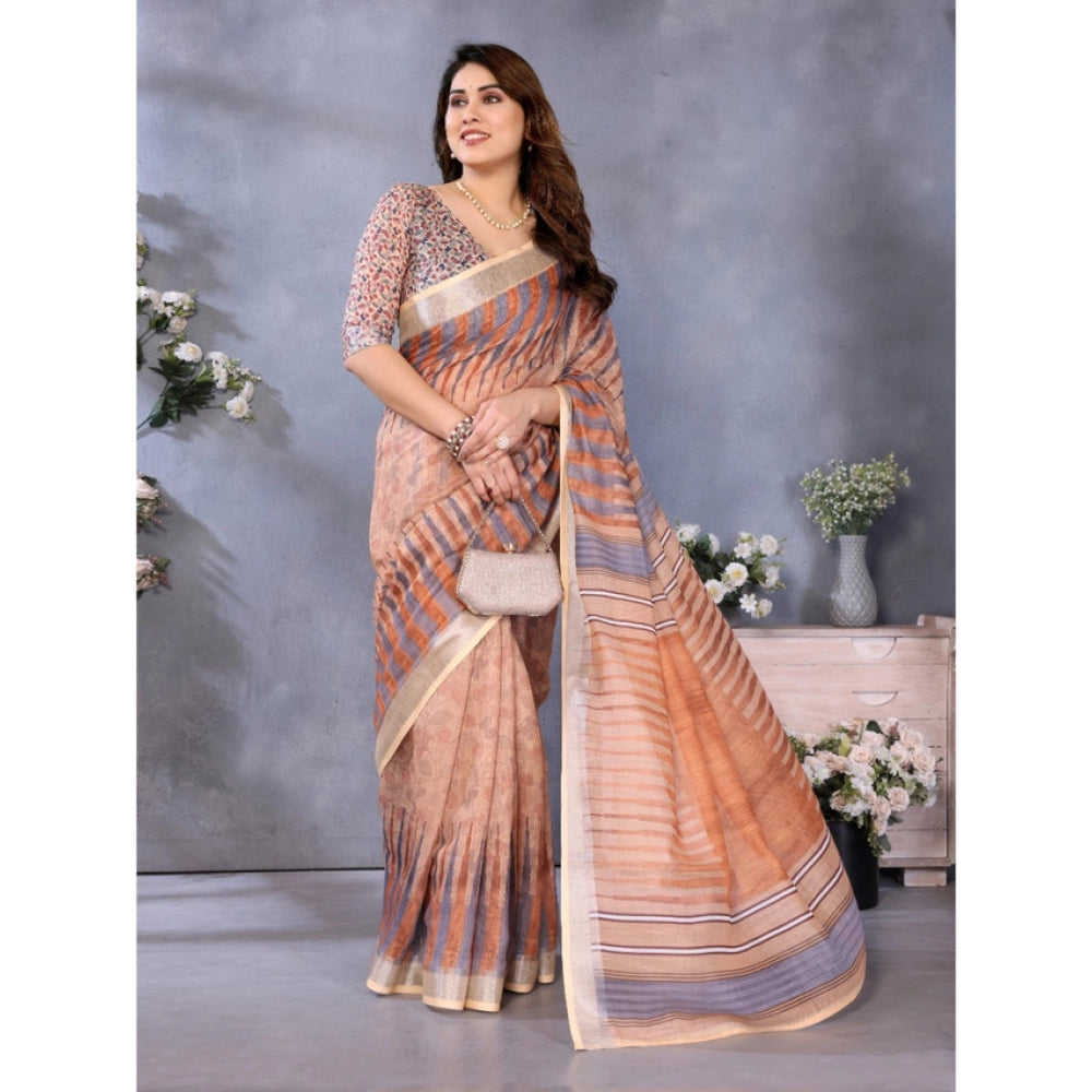 Seduva Women's Linen Cotton  Printed Saree With Unstitched Blouse 5.5Mtr (Brown)