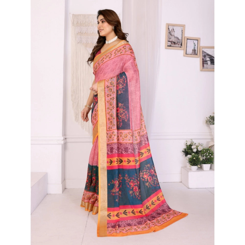 Seduva Women's Linen Cotton  Printed Saree With Unstitched Blouse 5.5Mtr (Pink)