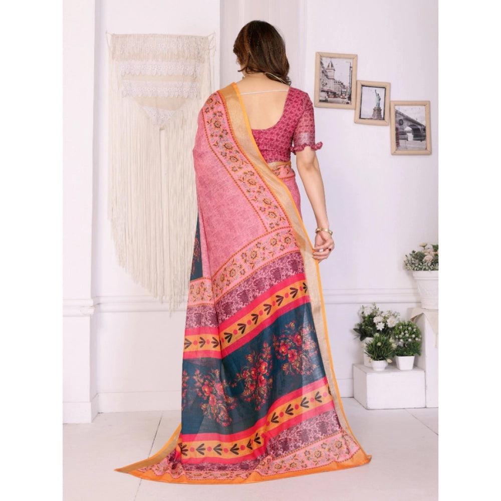 Seduva Women's Linen Cotton  Printed Saree With Unstitched Blouse 5.5Mtr (Pink)