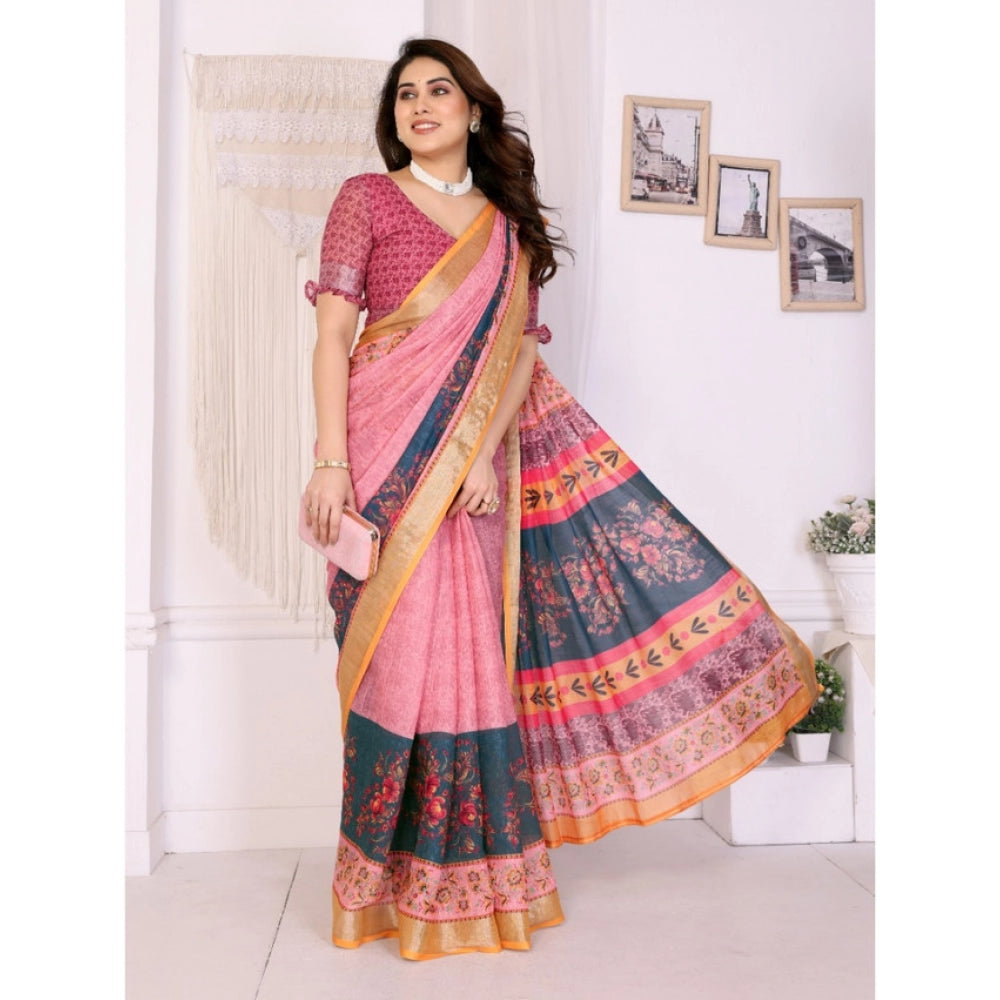 Seduva Women's Linen Cotton  Printed Saree With Unstitched Blouse 5.5Mtr (Pink)