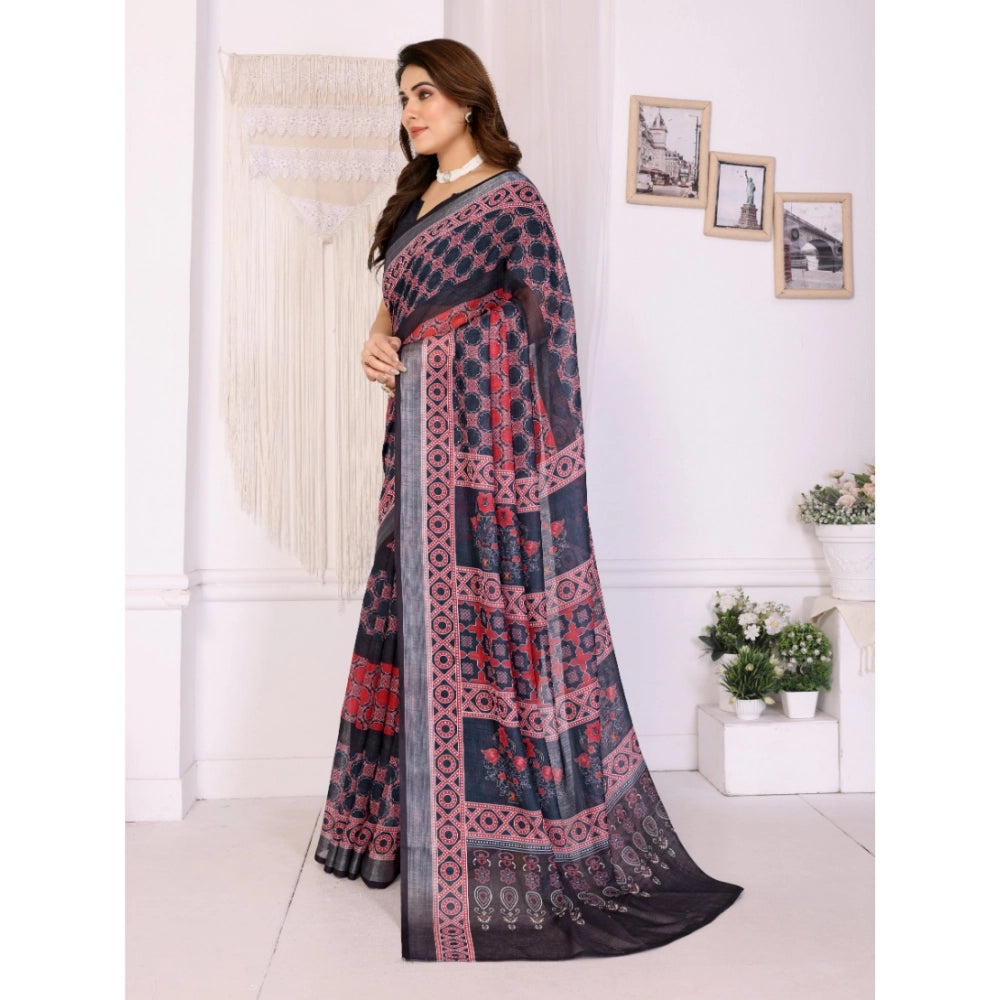 Seduva Women's Linen Cotton  Printed Saree With Unstitched Blouse 5.5Mtr (Black)