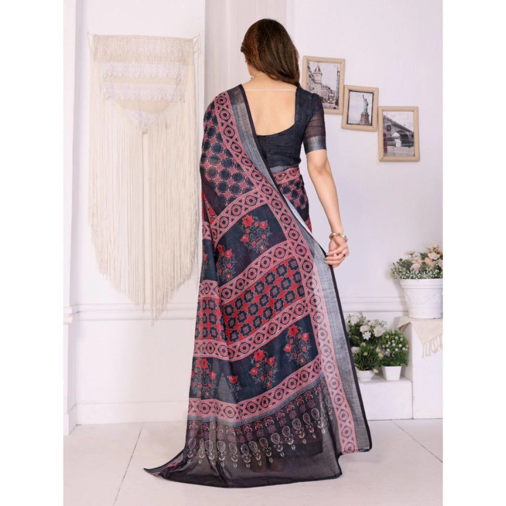Seduva Women's Linen Cotton  Printed Saree With Unstitched Blouse 5.5Mtr (Black)
