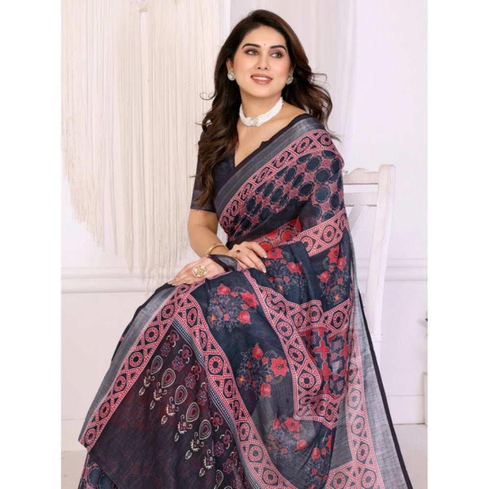 Seduva Women's Linen Cotton  Printed Saree With Unstitched Blouse 5.5Mtr (Black)