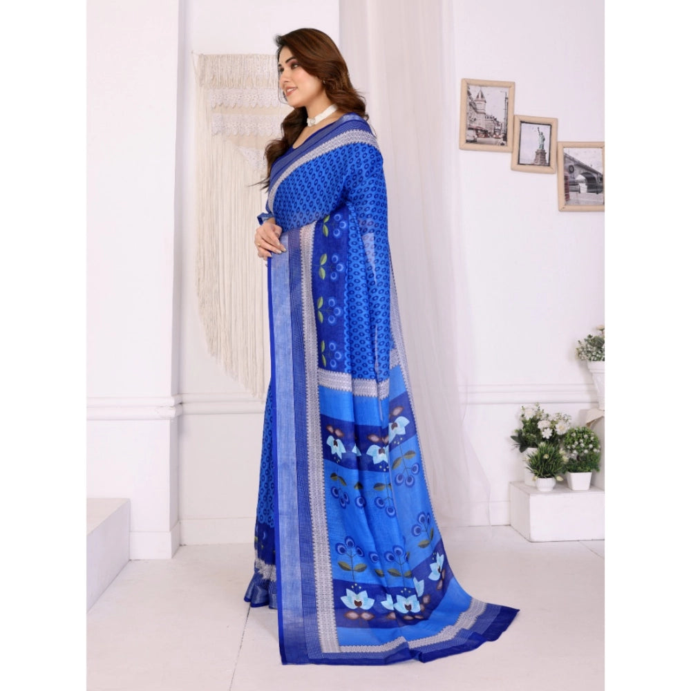 Seduva Women's Linen Cotton  Printed Saree With Unstitched Blouse 5.5Mtr (Blue)