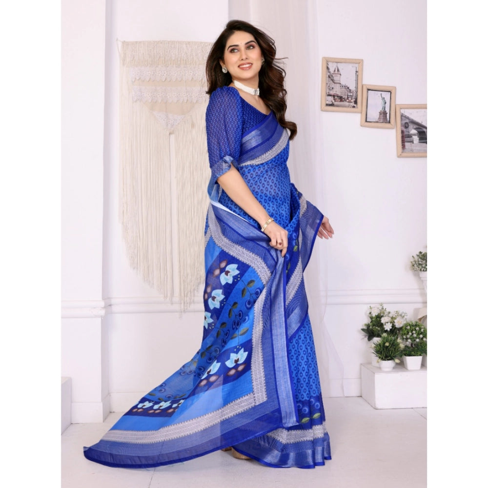 Seduva Women's Linen Cotton  Printed Saree With Unstitched Blouse 5.5Mtr (Blue)