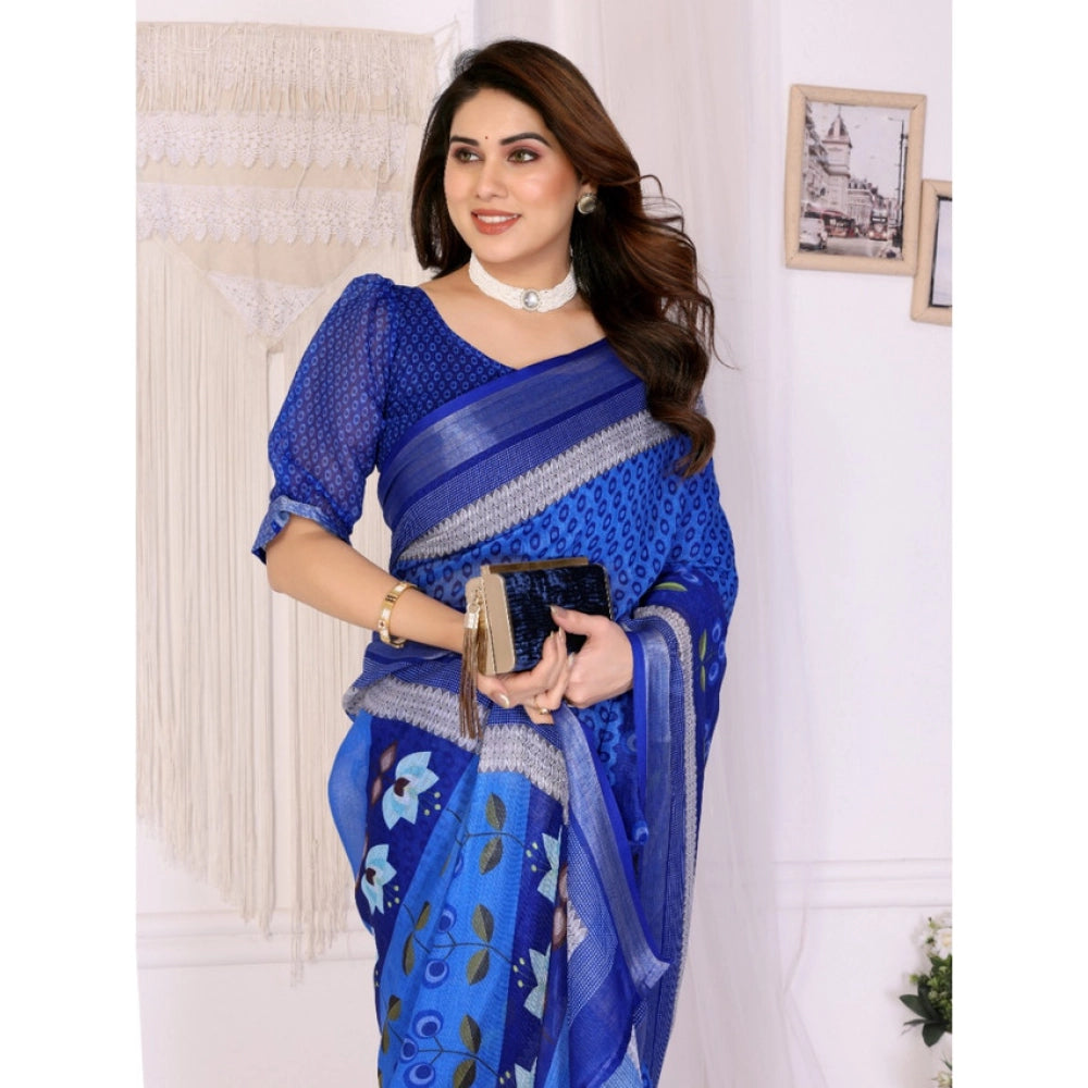 Seduva Women's Linen Cotton  Printed Saree With Unstitched Blouse 5.5Mtr (Blue)