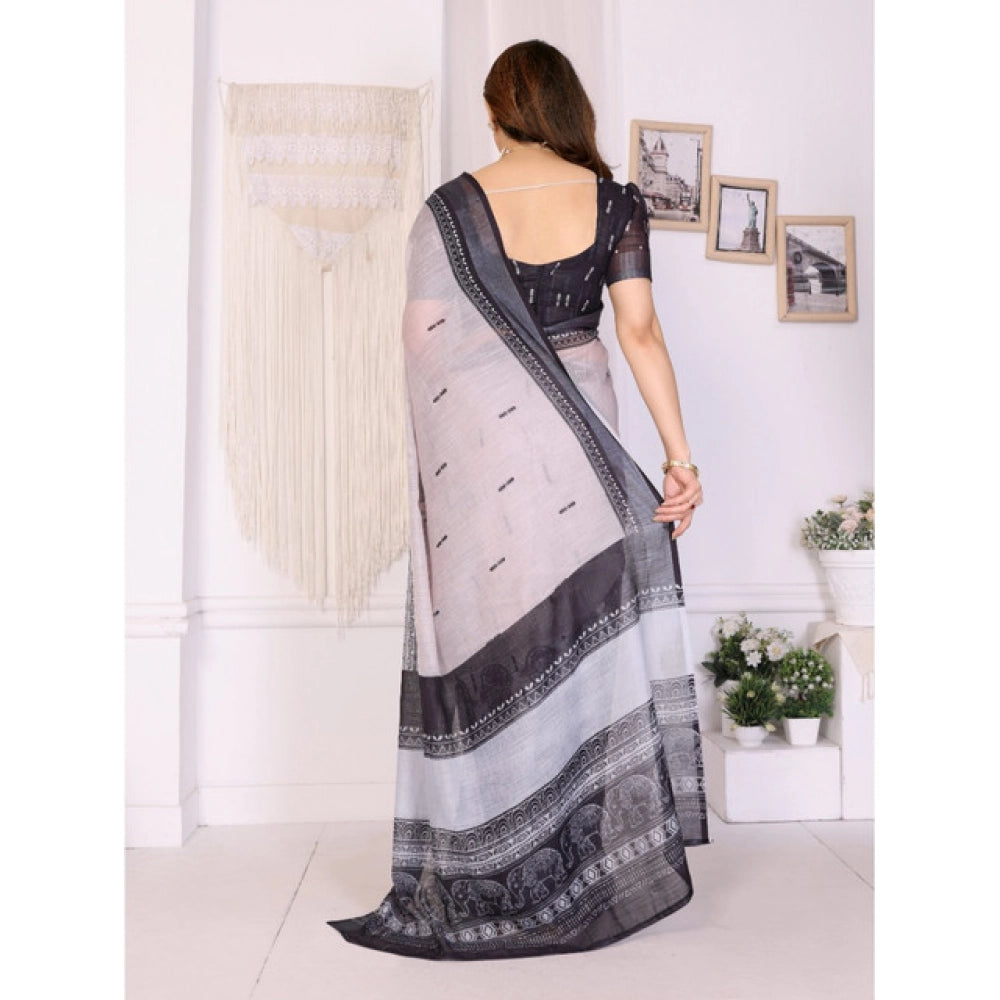 Seduva Women's Linen Cotton  Printed Saree With Unstitched Blouse 5.5Mtr (White &amp; Black)