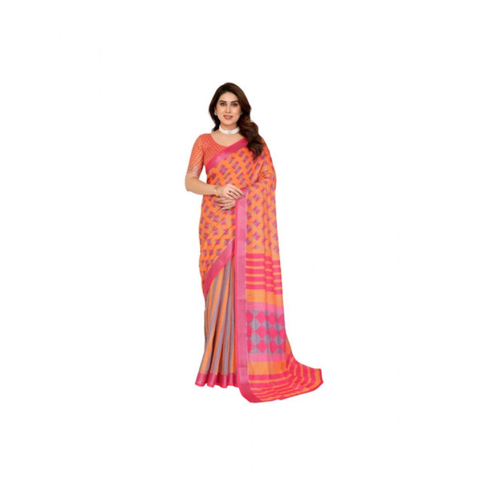 Seduva Women's Linen Cotton  Printed Saree With Unstitched Blouse 5.5Mtr (Orange )