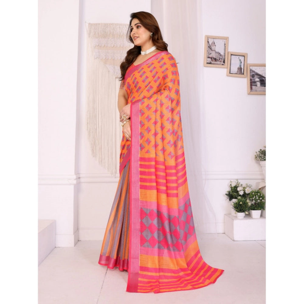 Seduva Women's Linen Cotton  Printed Saree With Unstitched Blouse 5.5Mtr (Orange )