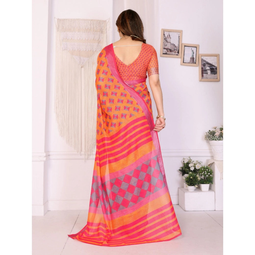 Seduva Women's Linen Cotton  Printed Saree With Unstitched Blouse 5.5Mtr (Orange )