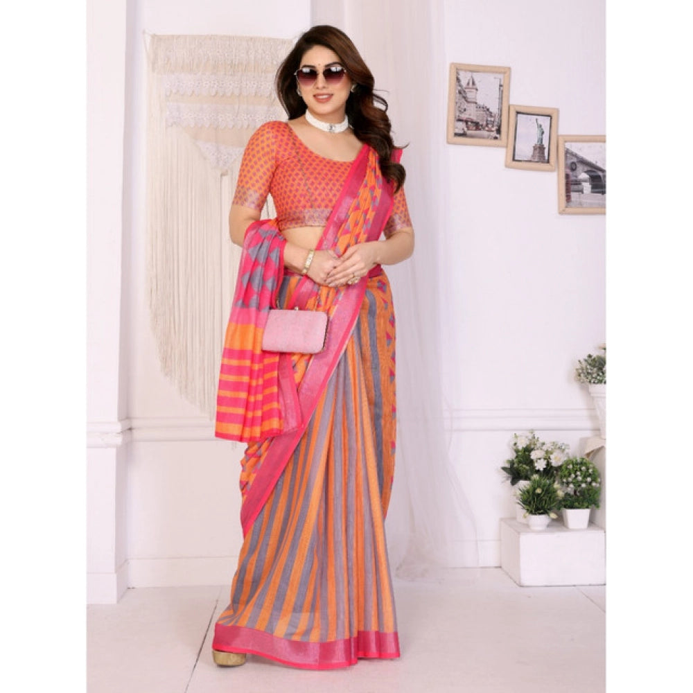 Seduva Women's Linen Cotton  Printed Saree With Unstitched Blouse 5.5Mtr (Orange )