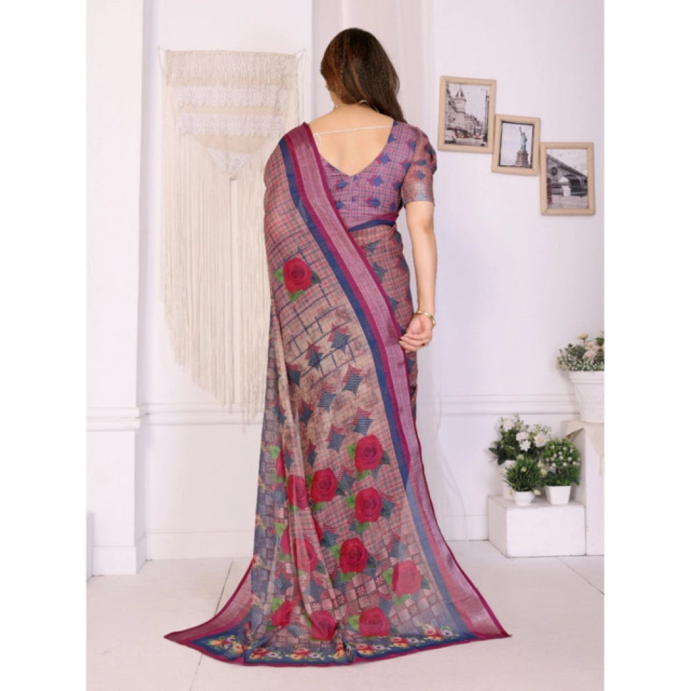 Seduva Women's Linen Cotton  Printed Saree With Unstitched Blouse 5.5Mtr (Wine )
