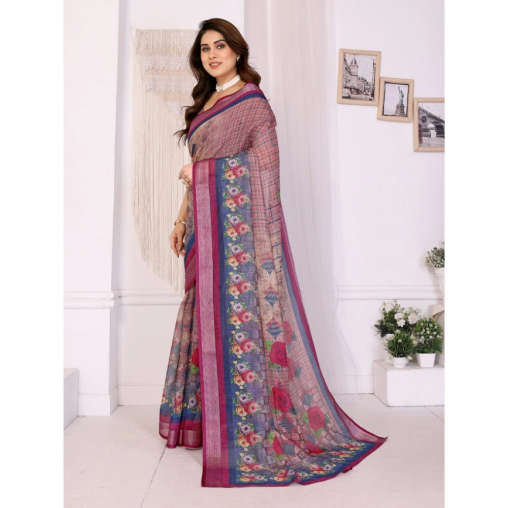 Seduva Women's Linen Cotton  Printed Saree With Unstitched Blouse 5.5Mtr (Wine )