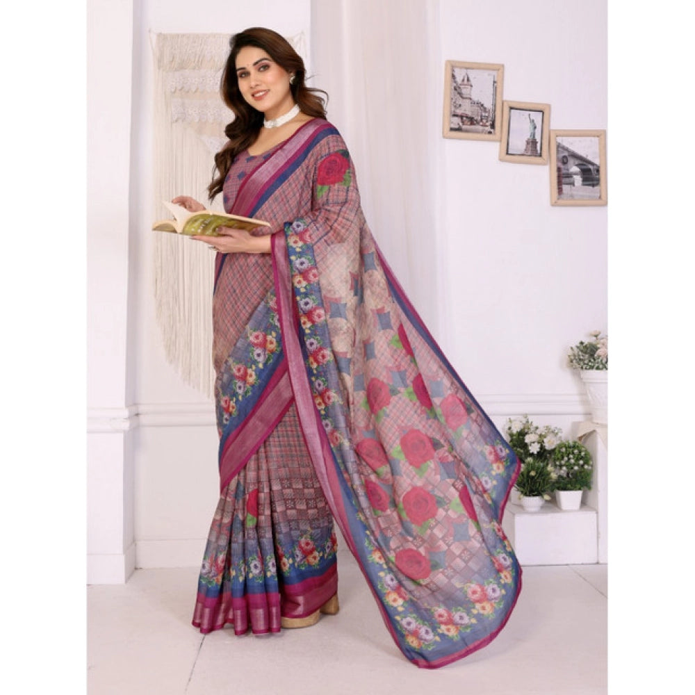 Seduva Women's Linen Cotton  Printed Saree With Unstitched Blouse 5.5Mtr (Wine )
