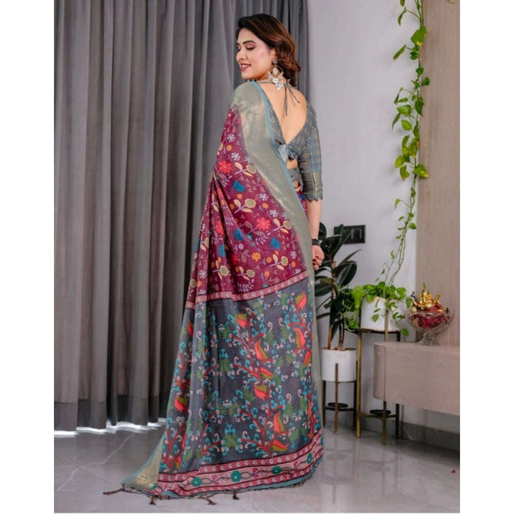 Seduva Women's Linen  Printed Saree With Unstitched Blouse 5.5Mtr (Purple)