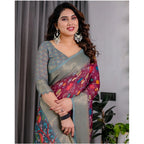 Seduva Women's Linen  Printed Saree With Unstitched Blouse 5.5Mtr (Purple)