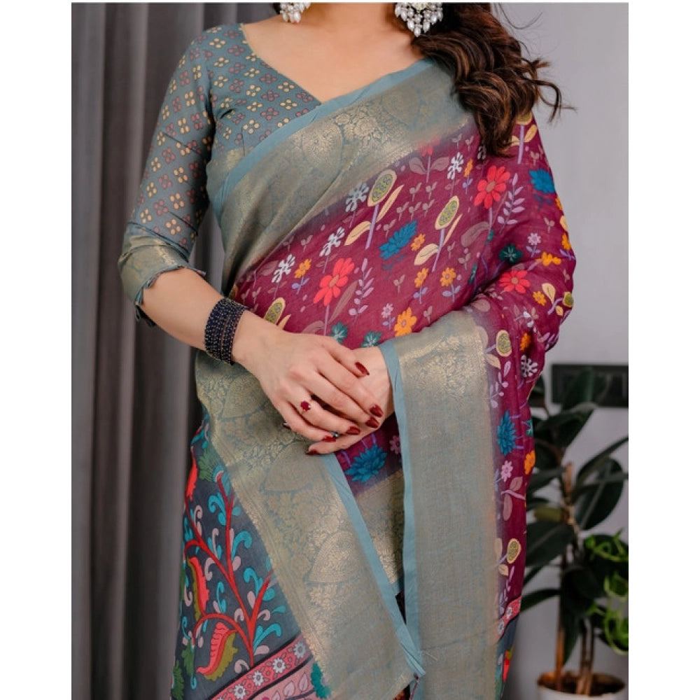 Seduva Women's Linen  Printed Saree With Unstitched Blouse 5.5Mtr (Purple)