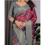 Seduva Women's Linen  Printed Saree With Unstitched Blouse 5.5Mtr (Purple)