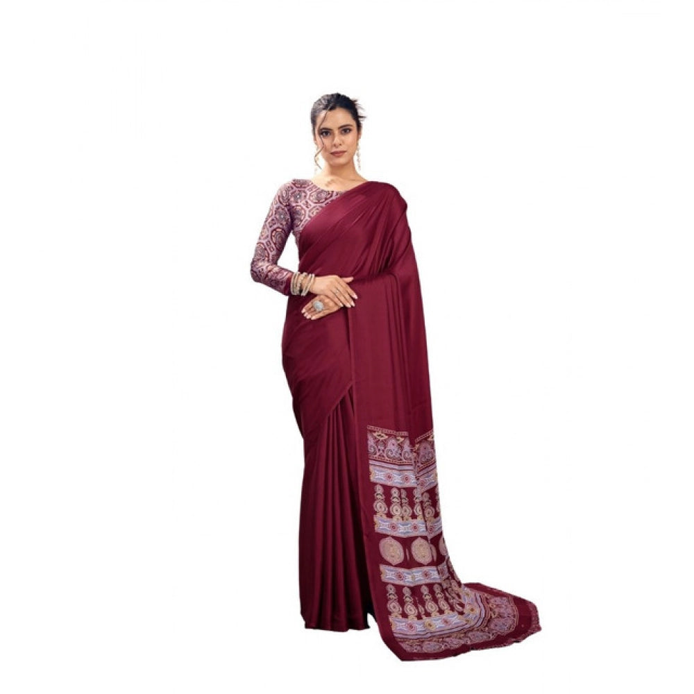 Seduva Women's Satin Crepe Printed Saree With Unstitched Blouse 5.5Mtr (Maroon)