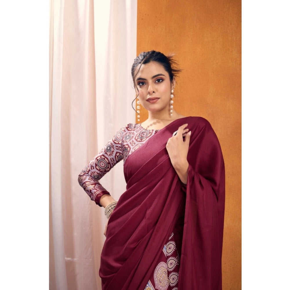 Seduva Women's Satin Crepe Printed Saree With Unstitched Blouse 5.5Mtr (Maroon)