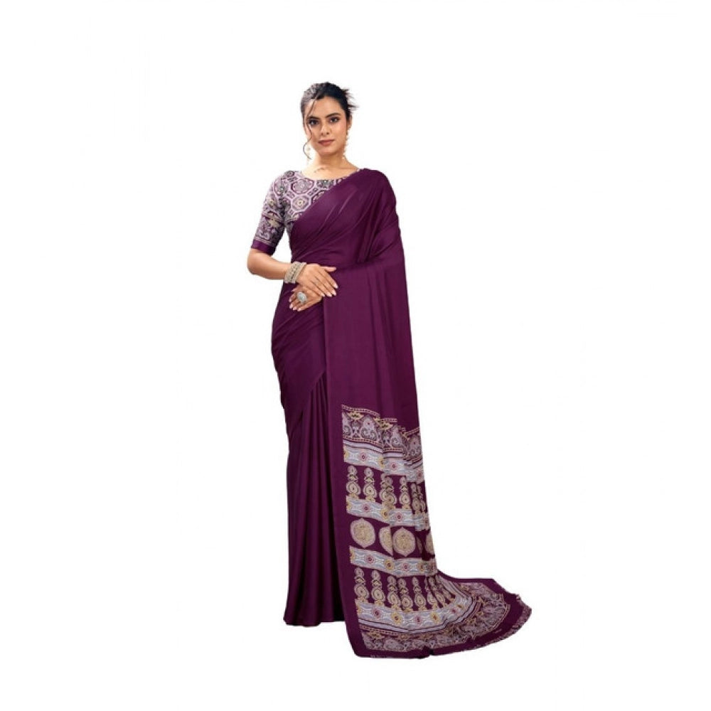 Seduva Women's Satin Crepe Printed Saree With Unstitched Blouse 5.5Mtr (Purple)