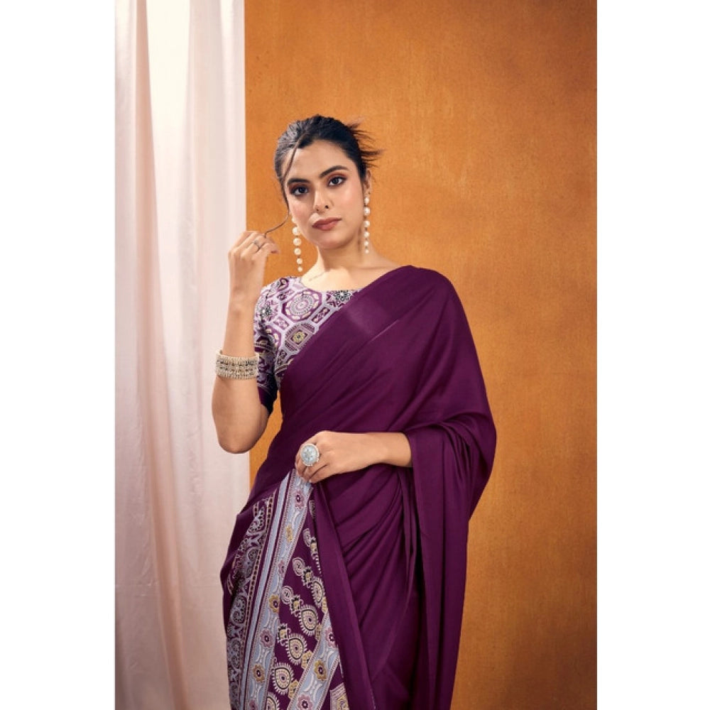 Seduva Women's Satin Crepe Printed Saree With Unstitched Blouse 5.5Mtr (Purple)
