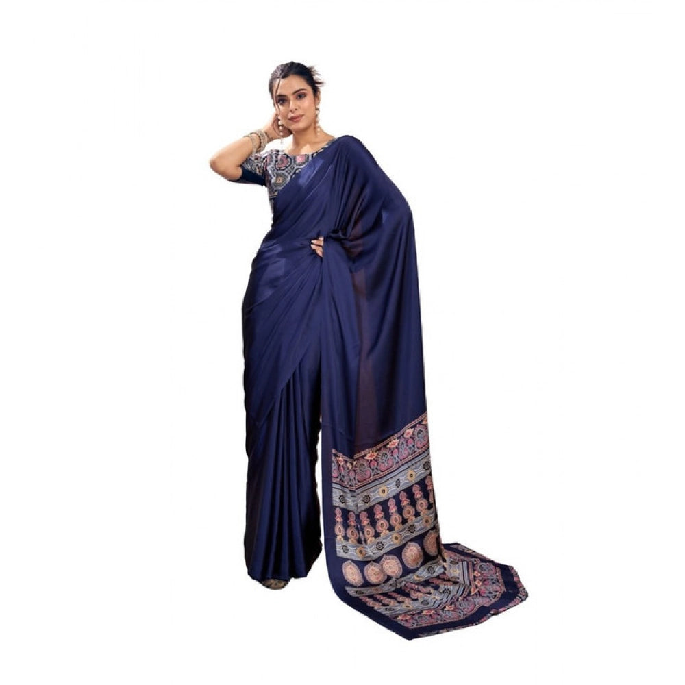 Seduva Women's Satin Crepe Printed Saree With Unstitched Blouse 5.5Mtr (Navy Blue)