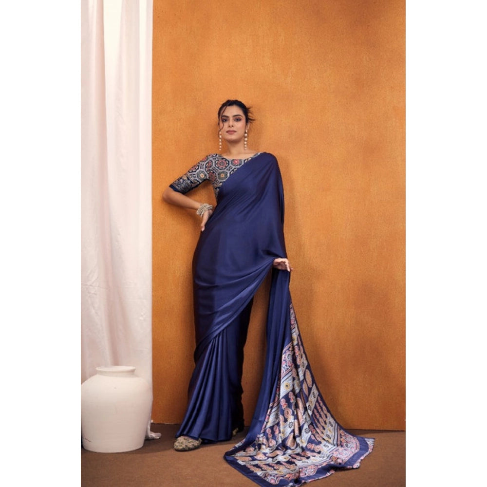 Seduva Women's Satin Crepe Printed Saree With Unstitched Blouse 5.5Mtr (Navy Blue)