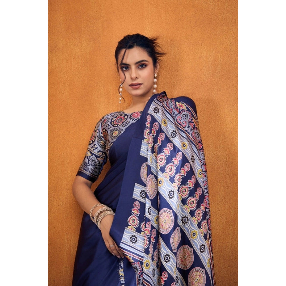 Seduva Women's Satin Crepe Printed Saree With Unstitched Blouse 5.5Mtr (Navy Blue)