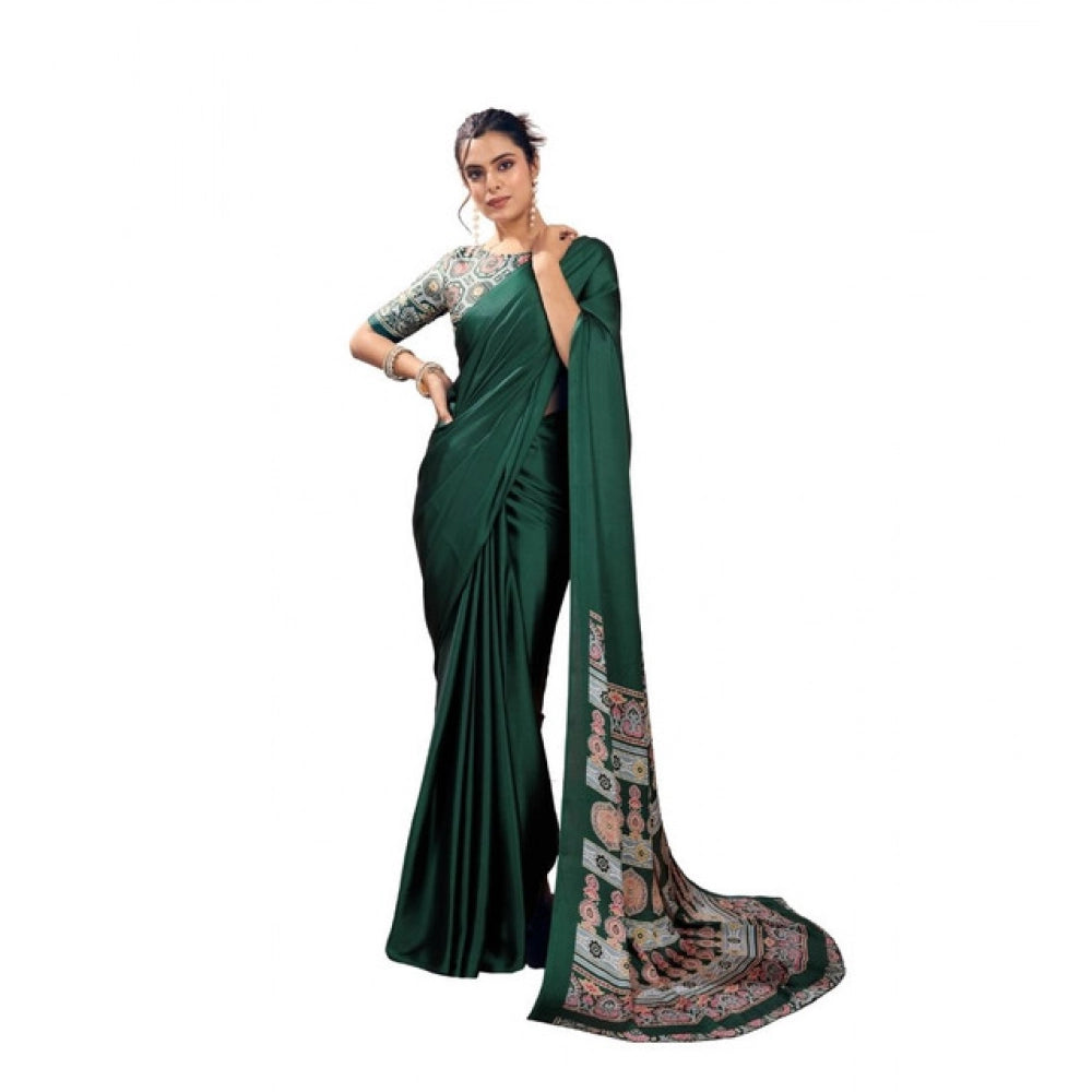 Seduva Women's Satin Crepe Printed Saree With Unstitched Blouse 5.5Mtr (Bottle Green)