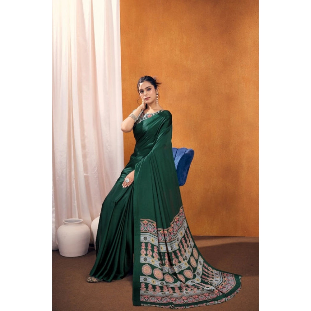 Seduva Women's Satin Crepe Printed Saree With Unstitched Blouse 5.5Mtr (Bottle Green)